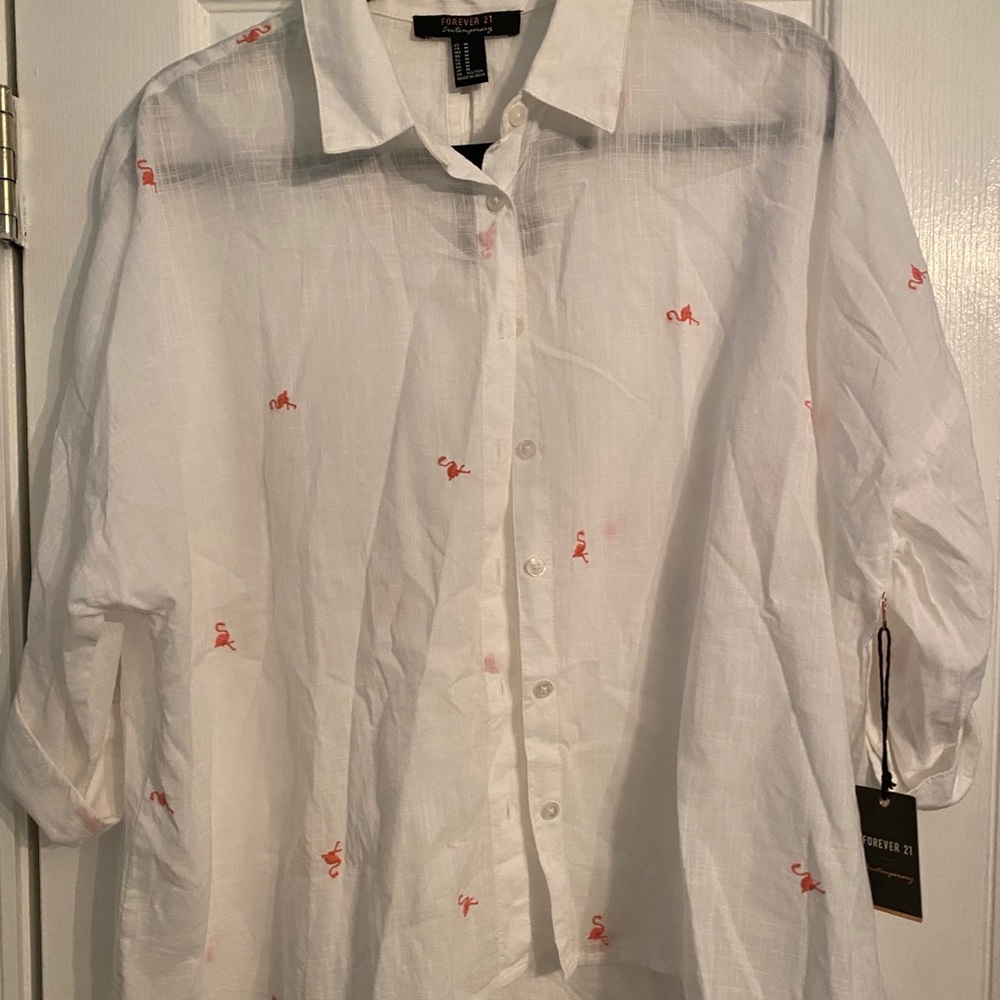 Forever 21 linen button down beach shirt with flamingos